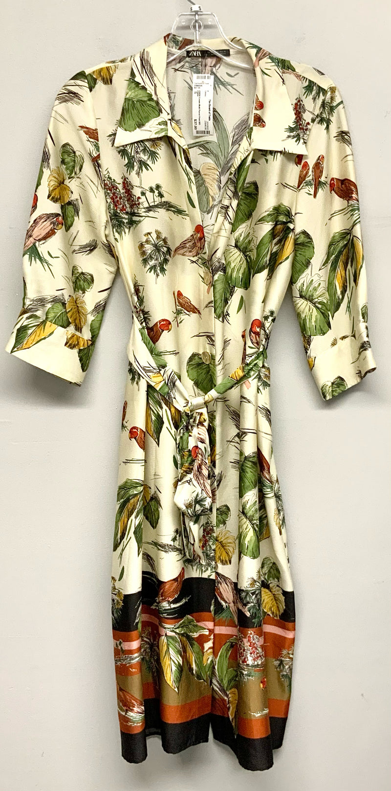 ZARA Cream Multi Parrot Print B/D Belted Dress