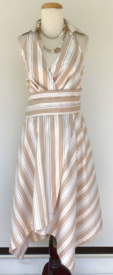 MAEVE Tan White Blue Striped Collared Halter Dress