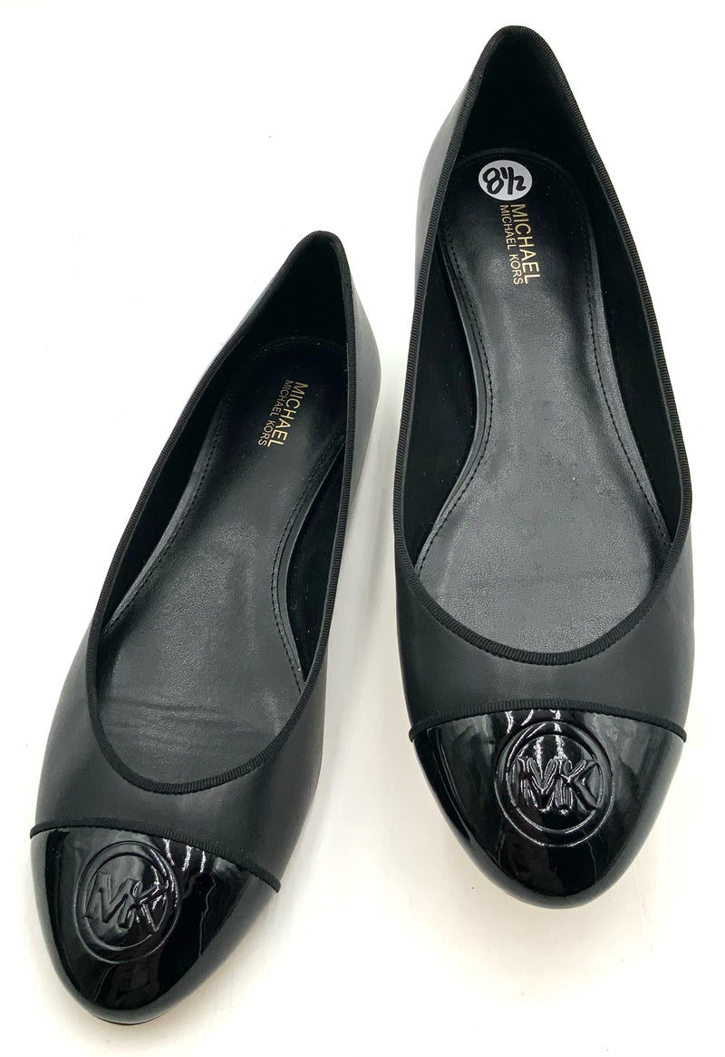 MICHAEL KORS Black Leather Patent Cap Toe Logo Flats 8.5