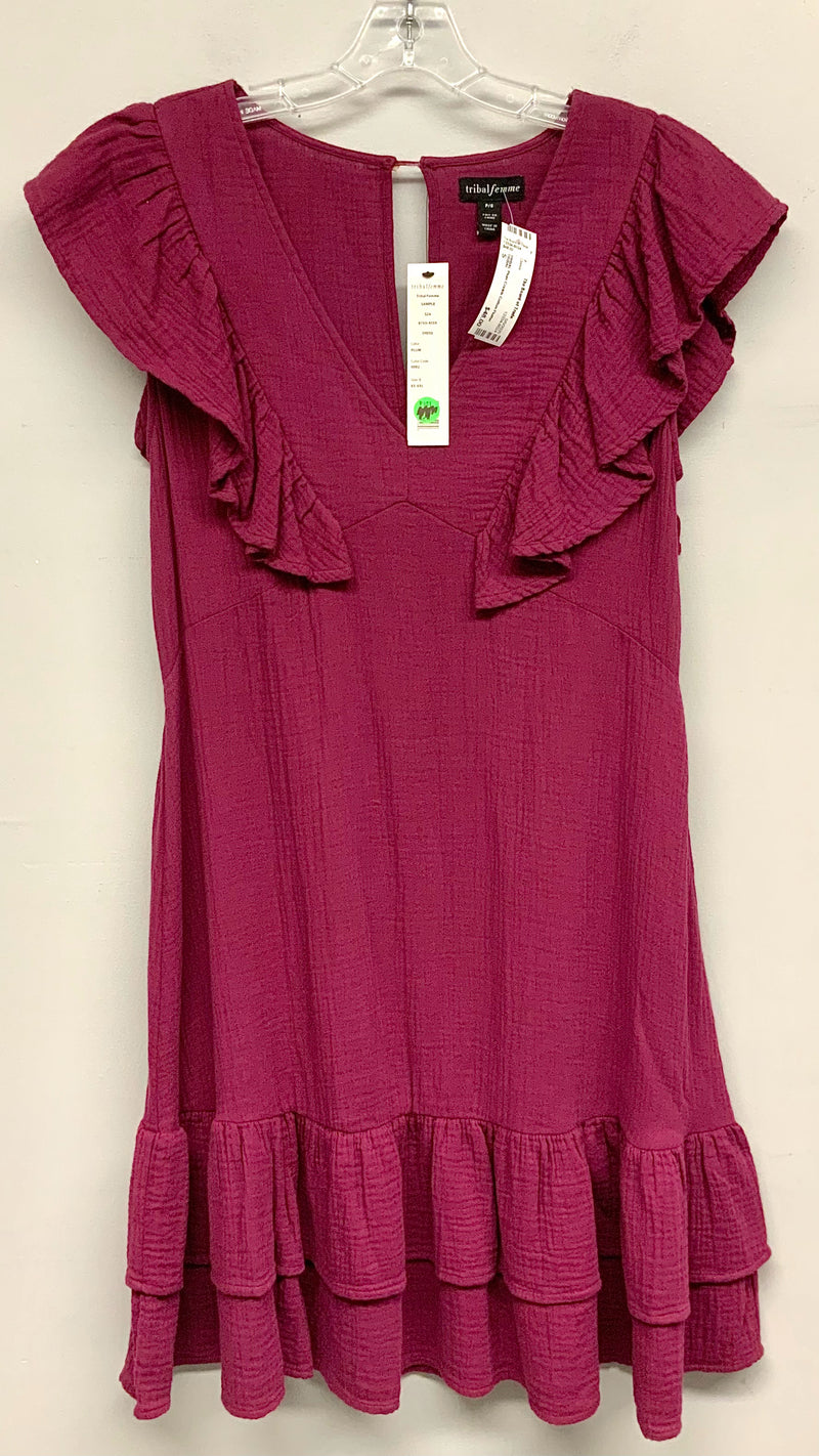 TRIBAL Plum Crinkle Cotton Flutter Sleeve V-Neck Dress