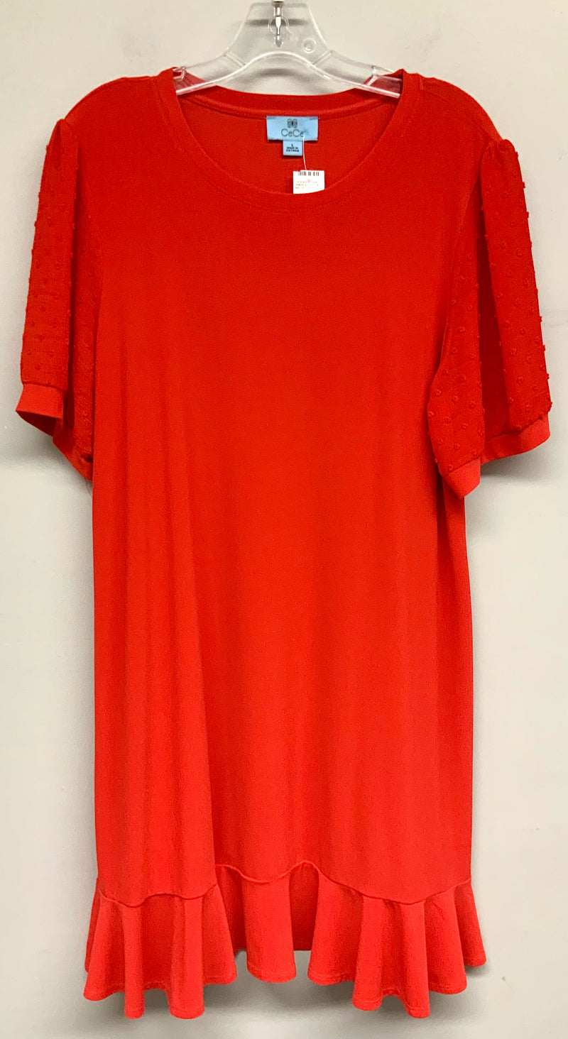 CECE Red Clip Dot Puff Sleeve Ruffle Hem Dress