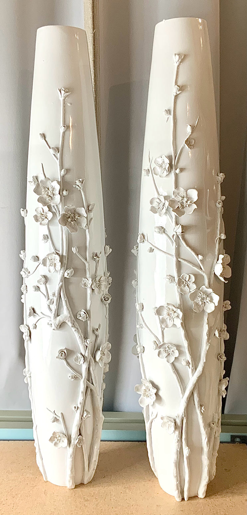 Pair of White Lacquer Cherry Blossom Vases
