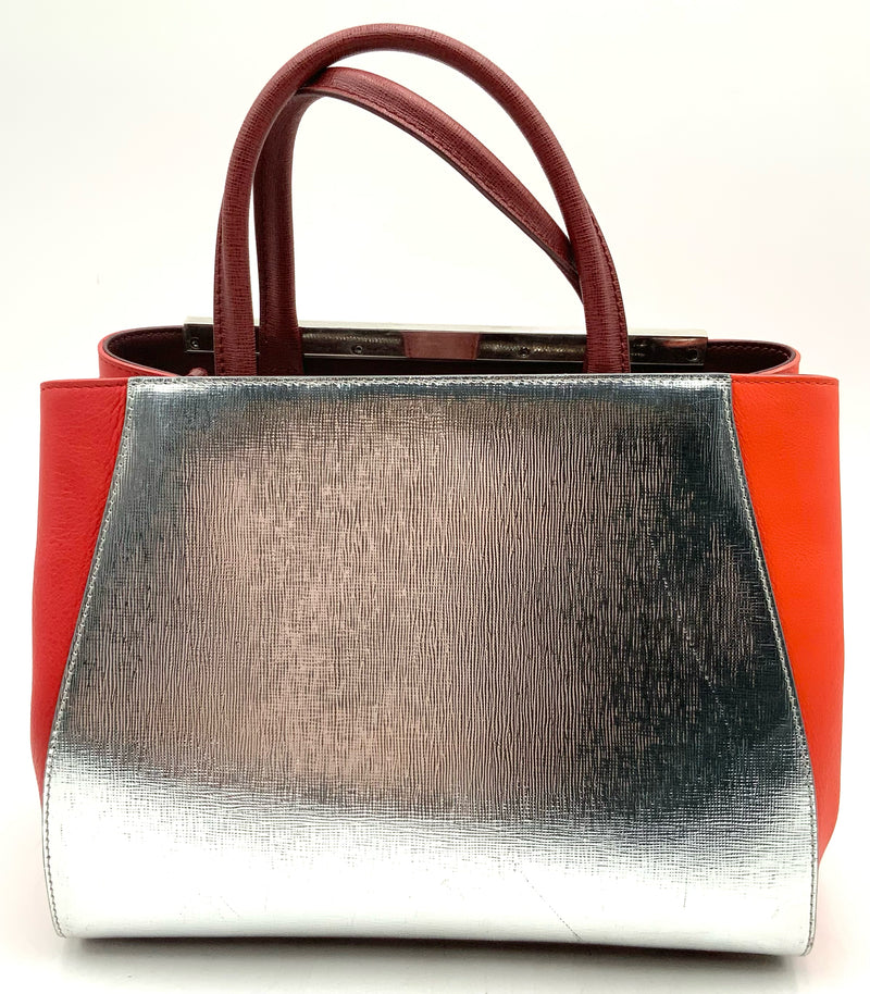 FENDI Red Burgundy Silver Colorblock Lea Sac 2 Jours Petite Tote Bag AS IS
