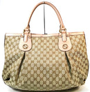 GUCCI Tan Leather Beige GG Canvas Gold Studded Large Scarlett Shoulder Bag