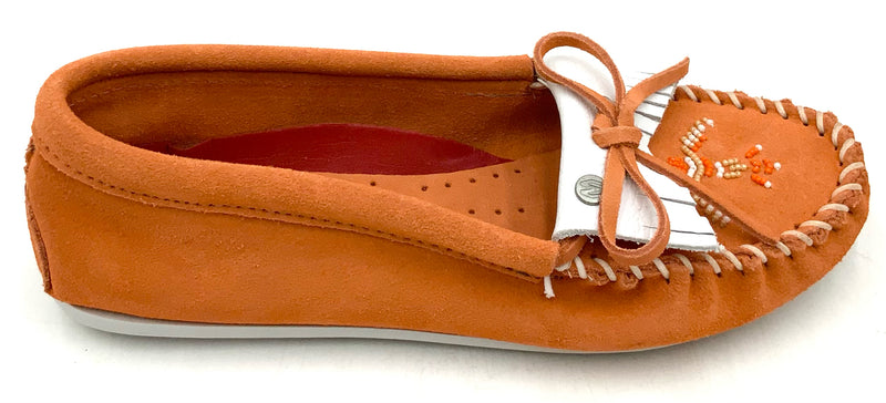 MINNETONKA Orange White Suede Fringe Beaded Moccasins 9