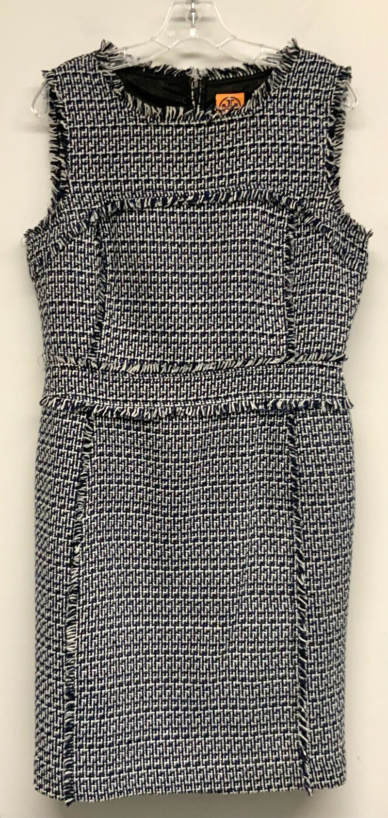 TORY BURCH Navy Cream Blue Tweed Frayed Hem S/L Shift Dress