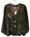 JOHNNY WAS Slate Velvet Celestial Embdroiered Bell Sleeve Top