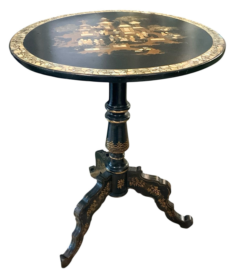Vintage Black Lacquer Tilt Top Table with Mother of Pearl Inlay