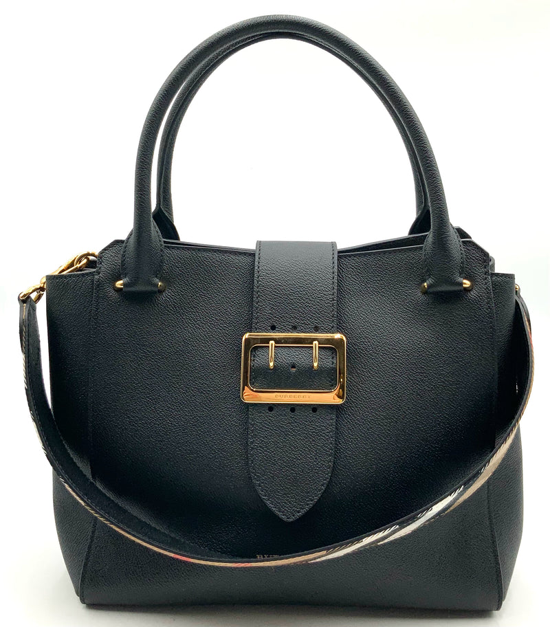 BURBERRY Black Grained Leather Goldtone Buckle Tote Bag