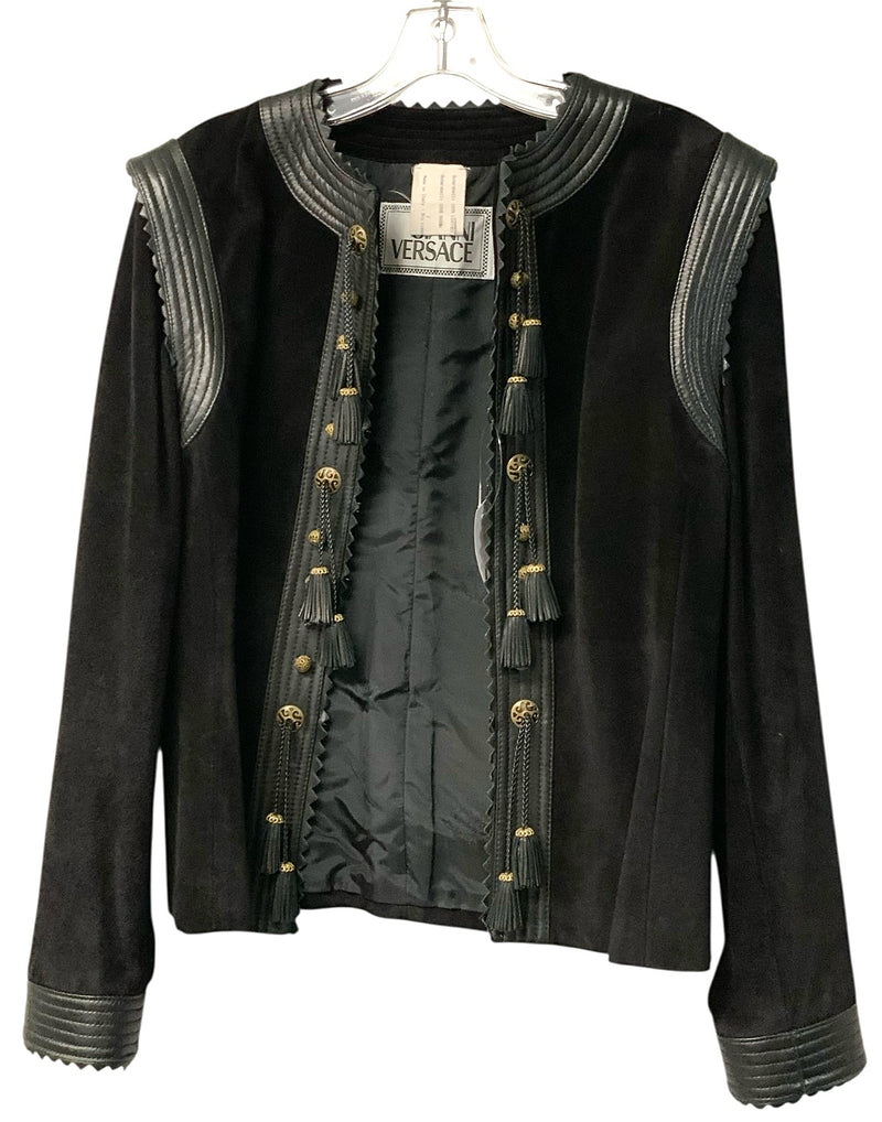 GIANNI VERSACE Vintage Black Leather & Suede Brasstone Bead Tassel Jacket