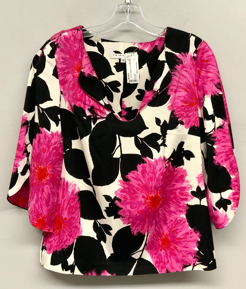 TRINA TURK White/Pink/Black Floral Split Sleeve Top