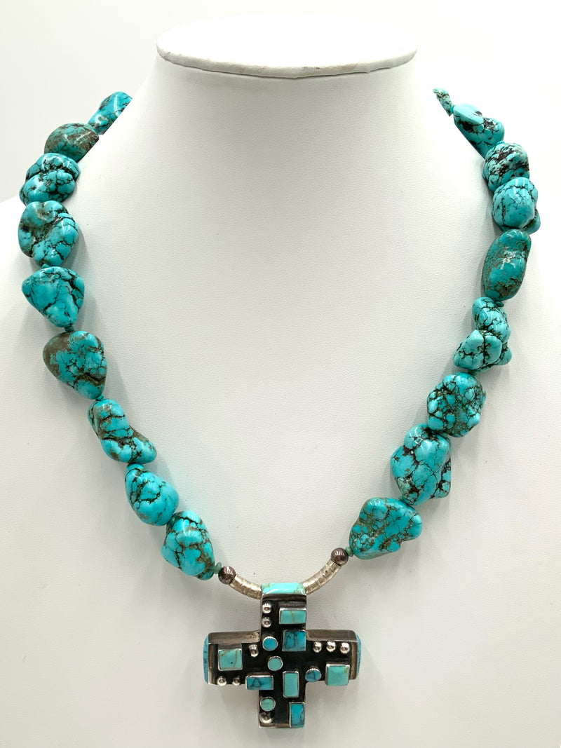 Sterling, Silvertone, Turquoise & Dyed Howlite Necklace w/Cross Pendant