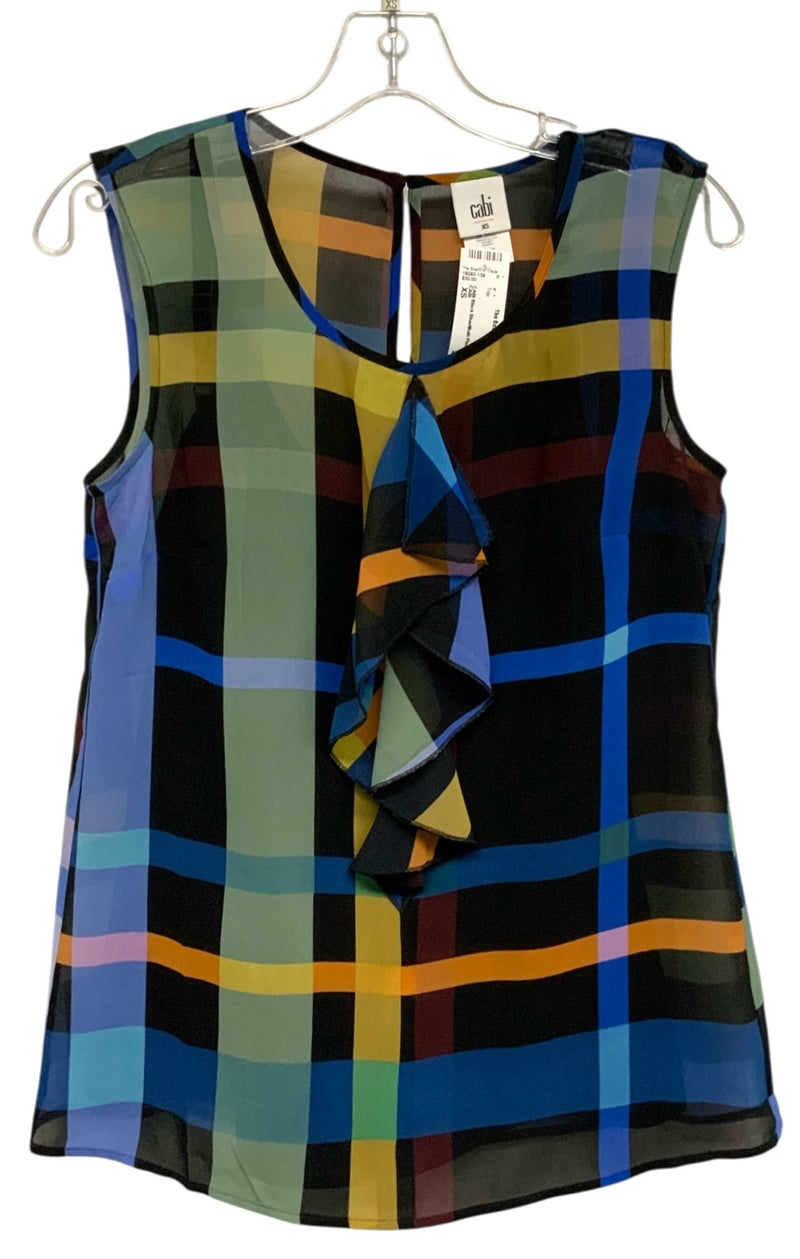 CABI Black Blue/Multi Plaid w/Asym Ruffle S/L Top