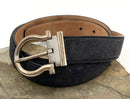 FERRAGAMO Midnight Suede Brushed Silver Gancini Ring Belt Sz 38/40