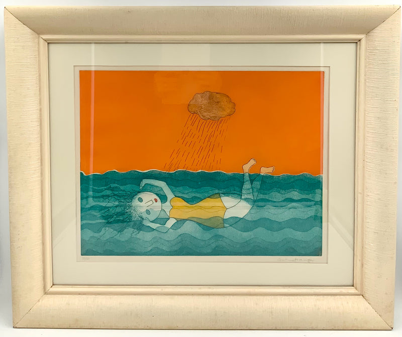Framed Contemporary Lithograph of Swimmer