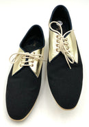 CHANEL Black Fabric Gold Leather Stitched Logo Lace Up Oxfords 39.5
