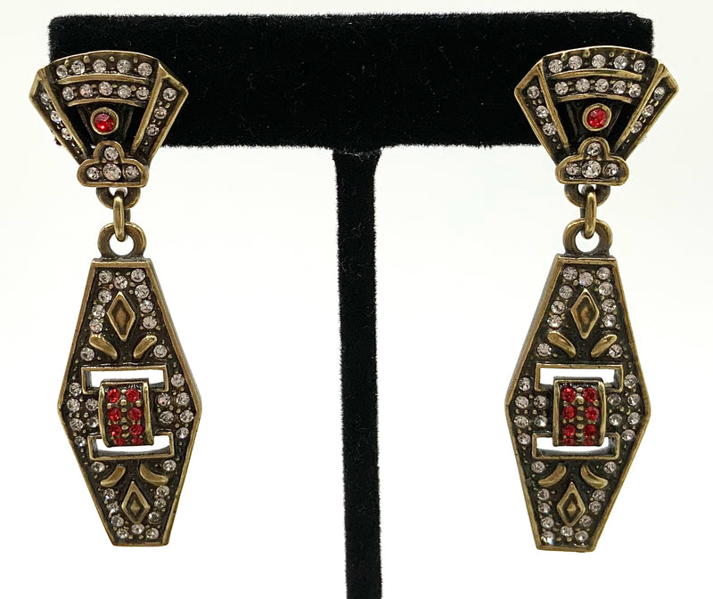 HEIDI DAUS Antiqued Goldtone Red Crystal Art Deco Drop Earrings