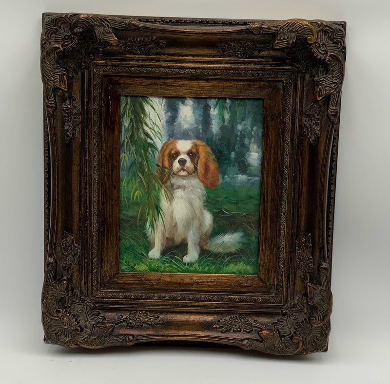 Oil Painting of Spaniel in Ornate Frame AS-IS