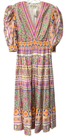 HALE BOB Pink/White/Green/Multi "Jessamy" Puff Sleeve Tiered Midi Dress