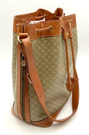 CELINE Vintage Tan Leather Beige Coated Canvas Triomphe Bucket Bag