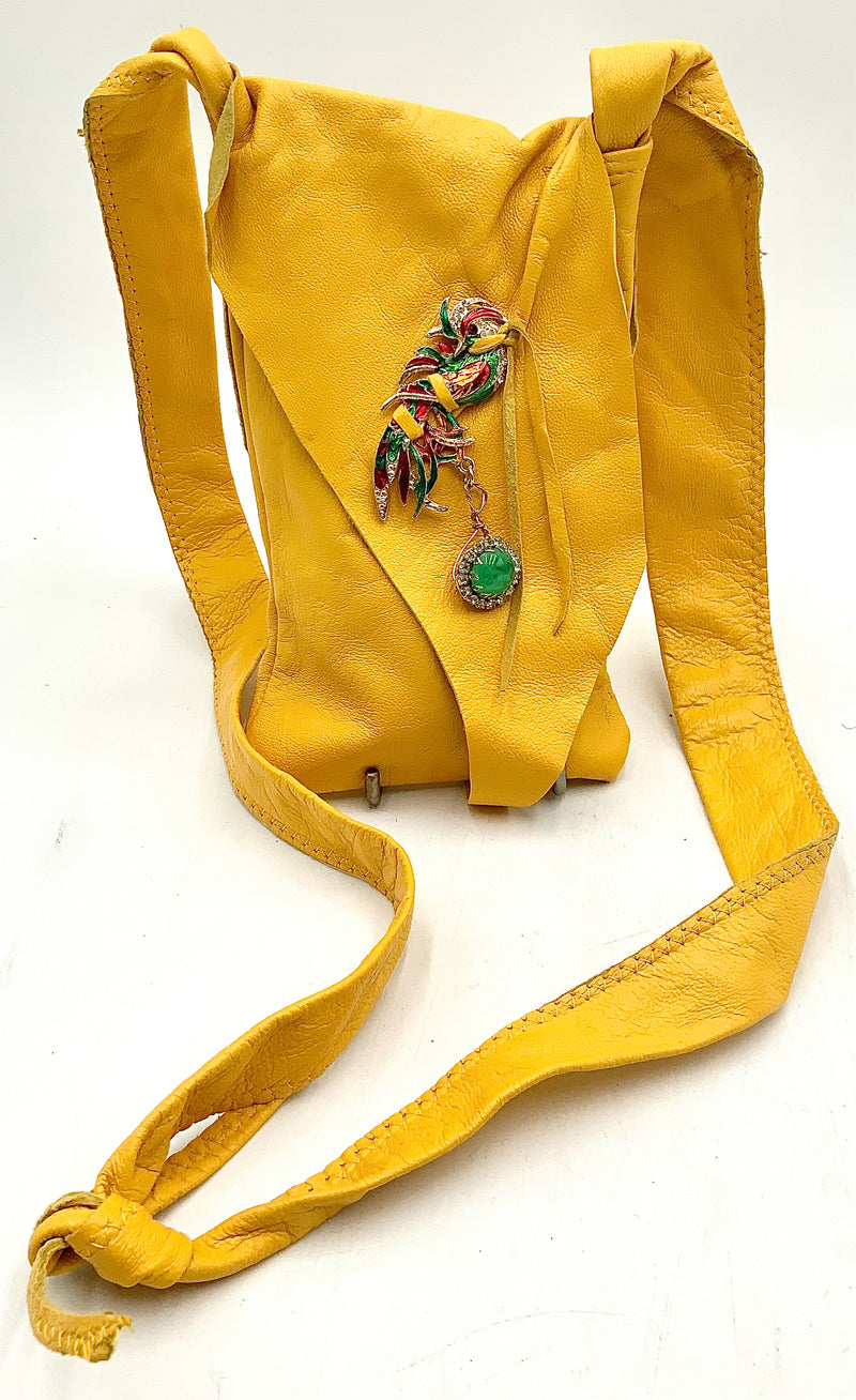 Vintage Yellow Leather Enamel Peacock Crossbody