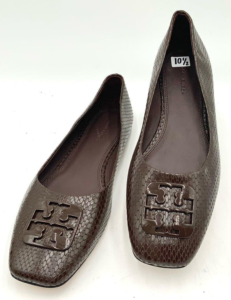 TORY BURCH Brown Snake Embossed Square Toe Georgia Flats 10.5