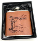 Leather Hip Flask With Fishing Motif
