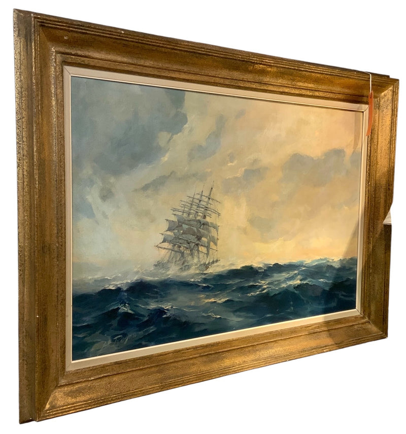 Louis Royon Oil on Canvas of Clipper Ship in Gold Frame