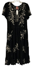 JOHNNY WAS Black w/Oatmeal Floral Embroid Tie Neck S/S Dress