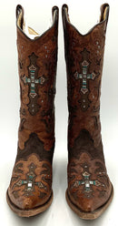 CORRAL Brown Leather & Python Crystal Cross Snip Toe Western Boots Boots 9