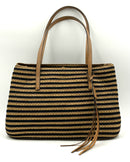 ERIC JAVITS Tan/Black Woven Stripe w/Leather Accents Tote Bag