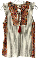 SAVANNA JANE Grey/White Stripe w/Multi Embroid Ruffle S/L Top