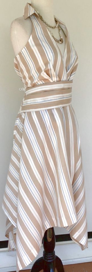 MAEVE Tan White Blue Striped Collared Halter Dress