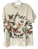 KYLA SEO White w/Multi Butterfly Embroid S/S Top