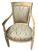 Vintage Carved Wood Arm Chair With Damask Upholstery