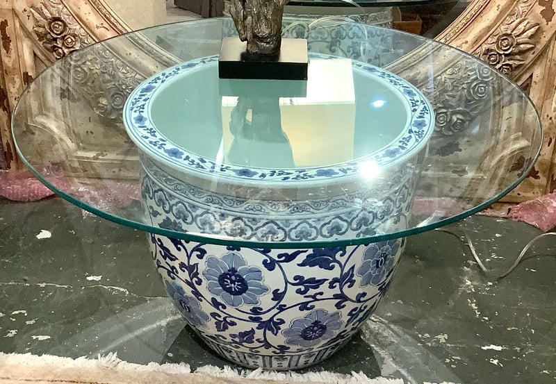 Blue & White Asian Planter Coffee Table with Glass Top