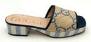 GUCCI Navy White Leather Tan Raffia GG Logo Heeled Slide Sandals 39