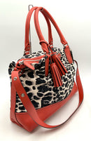 COACH Red Leather Cream Black Ocelot Leopard Canvas Rory Satchel