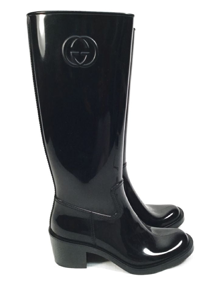 GUCCI Black Rubber GG  Logo Heeled Rain Boots 38