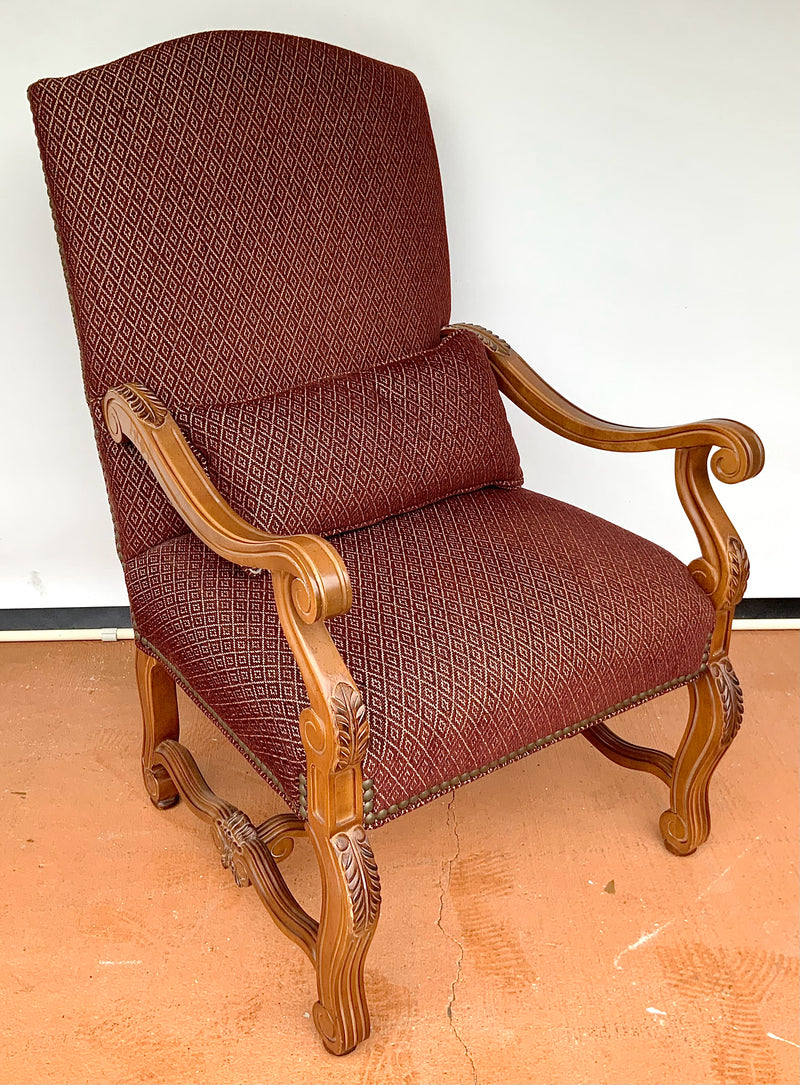 Oversized Upholstered Armchair with Carved Wood Frame