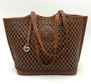 BRIGHTON Russet Brown/Black Leather Lasercut Venetian Squares Reva Tote Bag