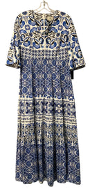 TUCKERNUCK Blue/White/Black "Majolica Tile" V-Neck Bell Sleeve Maxi Dress