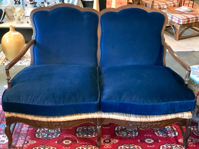 French Style Carved Settee with Navy Upholstery