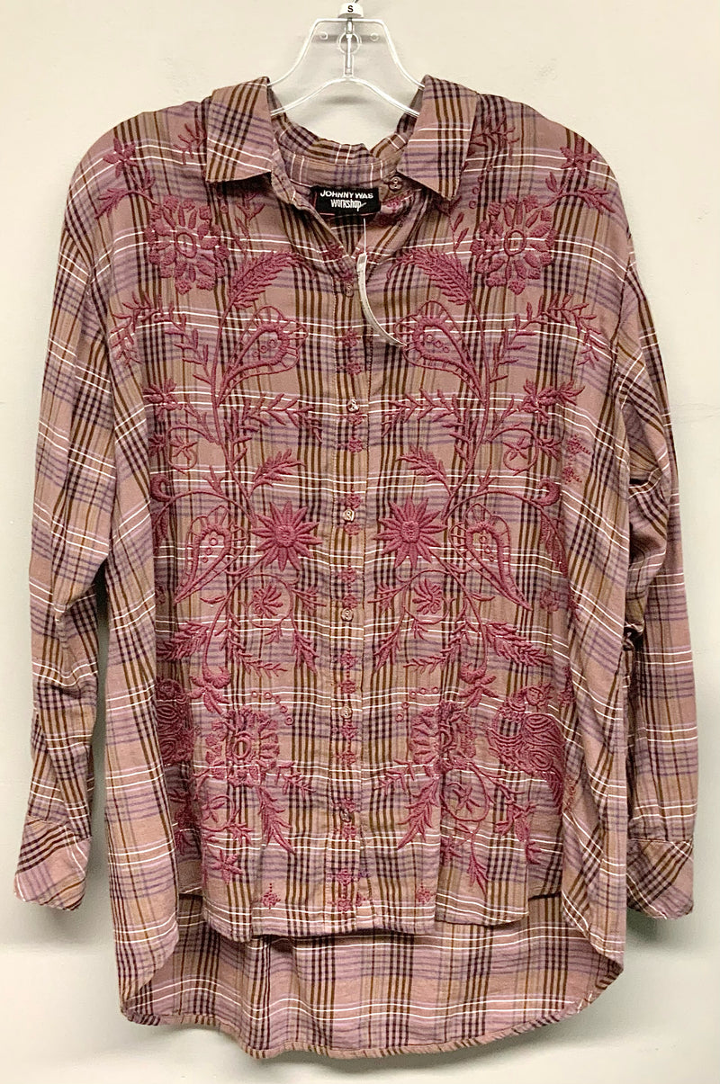 JOHNNY WAS Workshop Purple Multi Plaid Embroidered B/D Top