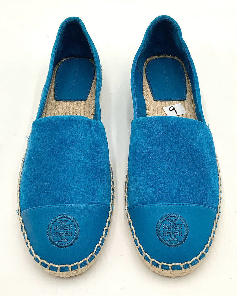 TORY BURCH Blue Gentian Suede & Leather Cap Toe Espadrille Flats 9