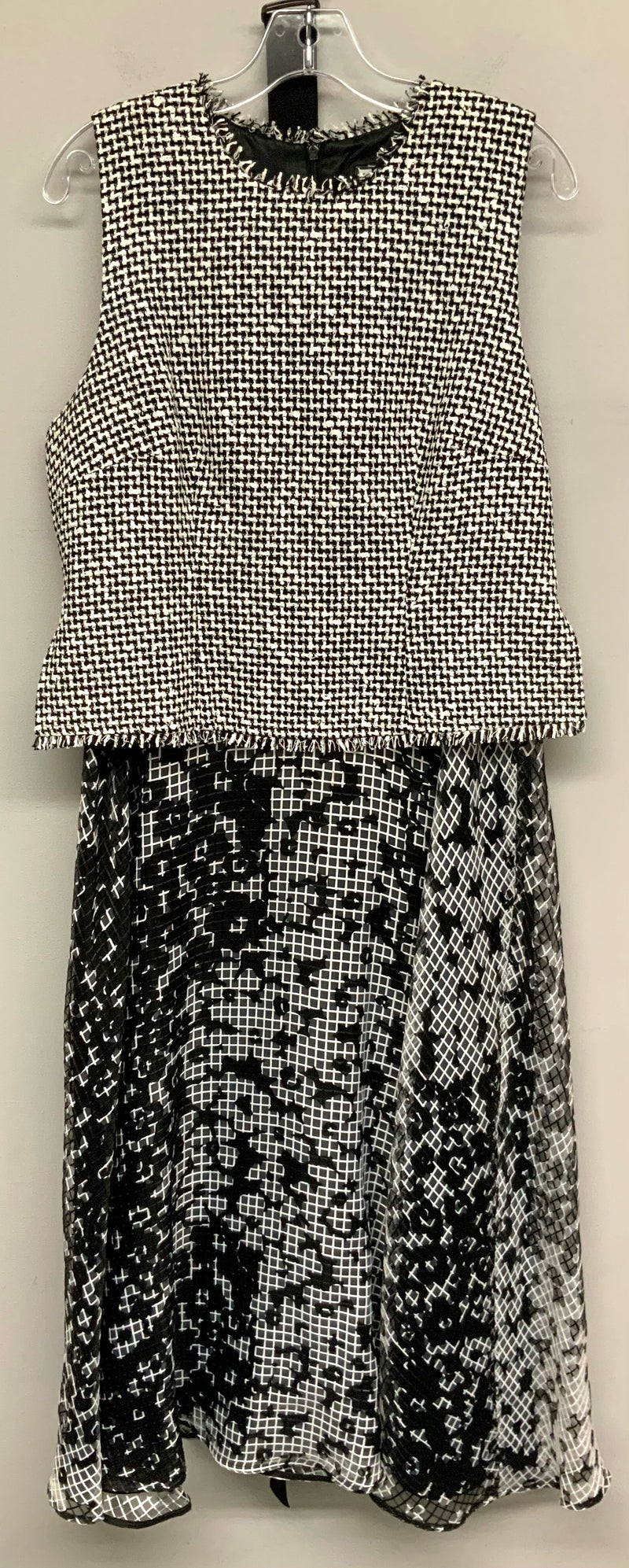 L.K. BENNETT White Black Tweed Sheer Netted Bottom Belted S/L Dress