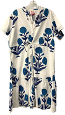 VICTORIA DUNN Blue/White Floral Block Print Tiered S/S Dress