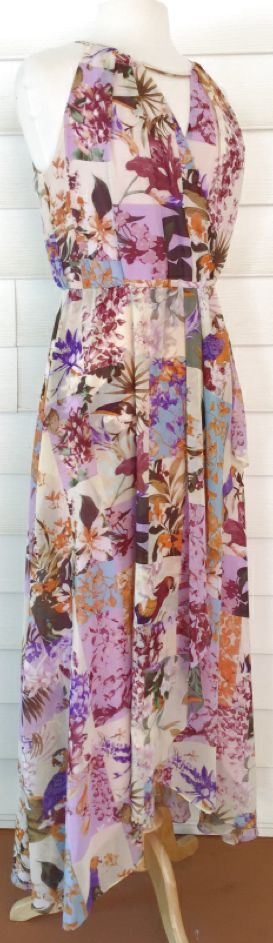 TRIBAL Purple/Cream Floral V-Neck S/L Maxi Dress