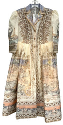 ZIMMERMANN Cream Map Print "High Tide Odessey" Silk & Linen Midi Dress