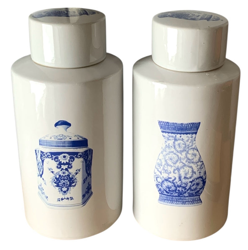 Pair of Blue & White Lidded Jars with Asian Motif